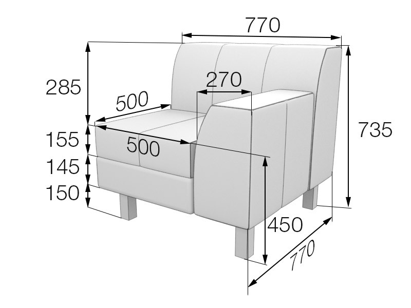 Серия Флагман секция кресельная левая Fl1L  770 х 770 х 735 (кожзам 1 кат.)