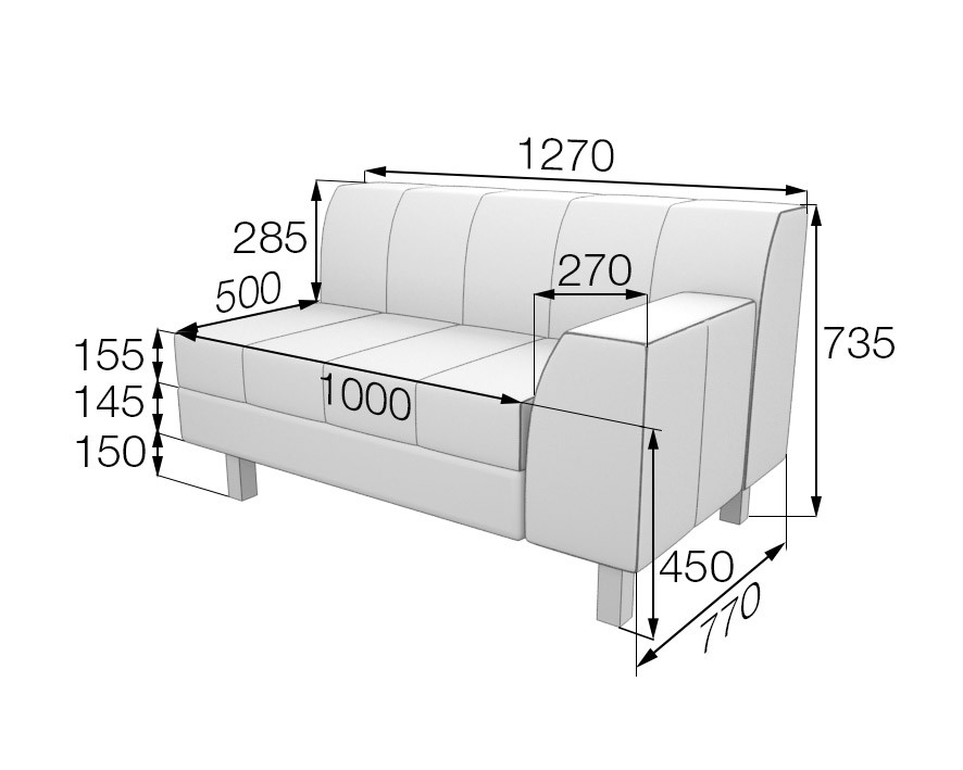 Серия Флагман секция диванная двухместная левая Fl2L 1270 х 770 х 735 (кожзам 2 кат.)